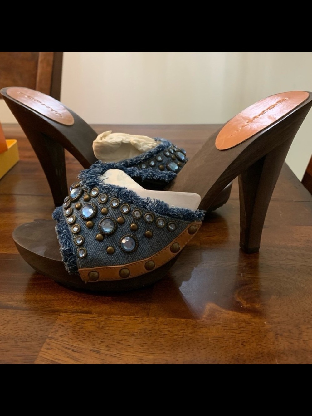 Denim Studded High Heel Mules - Blue